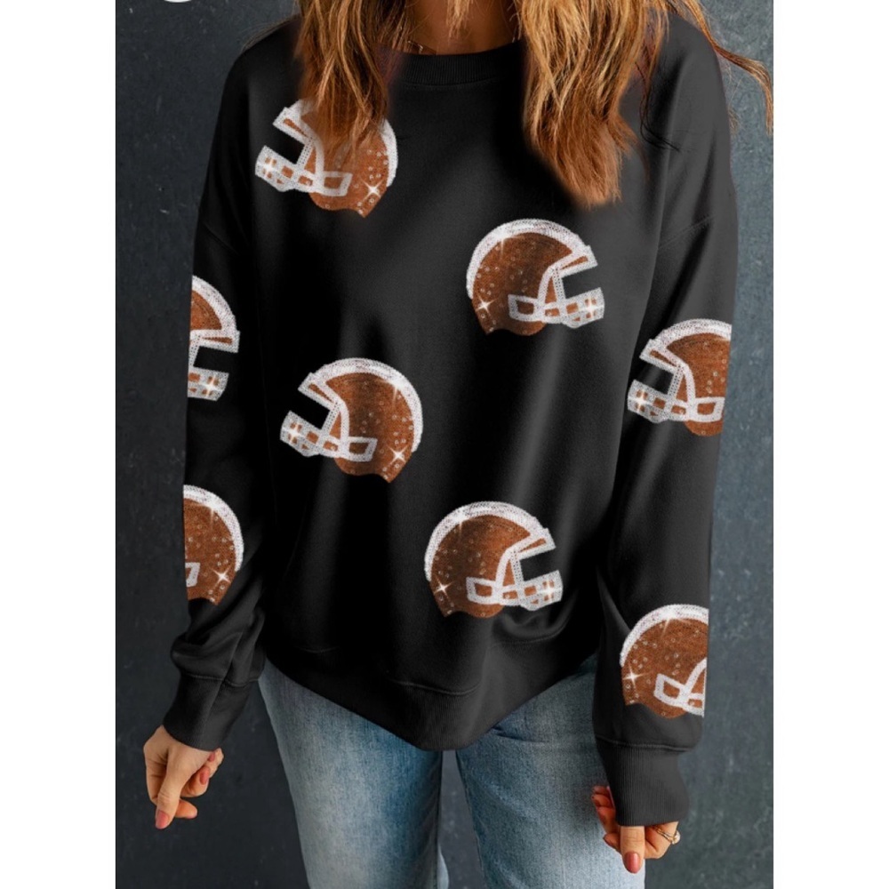 Black Sequin Rugby Football Helmet Graphic Game Day Sweatshirt XXL